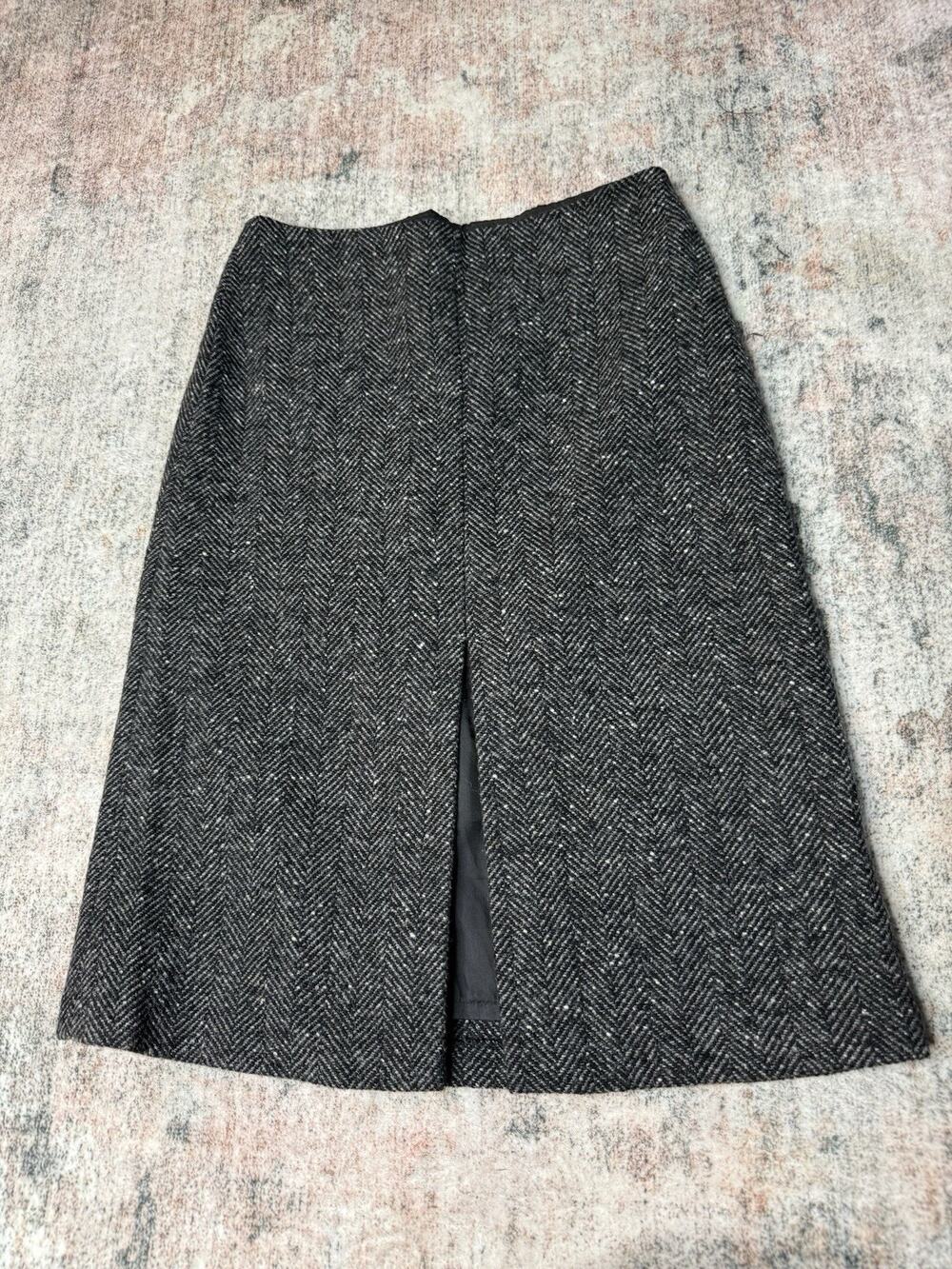 Zara Sz S Midi Skirt Front Slit Tweed Herringbone Classic Minimalist Italy Y2K